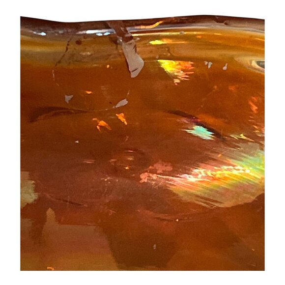 Vintage Iridescent Carnival Glass Style Dish with Clear Handles | Amber Ruffled - Picture 4 of 6